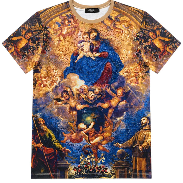 George V men's Joy To The World all-over print tee with rhinestones, featuring festive holiday design on a casual t-shirt.