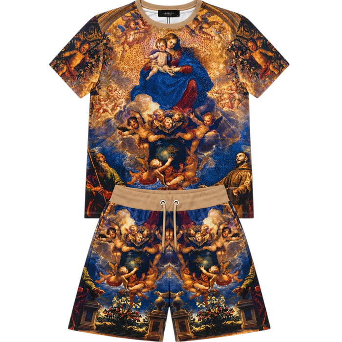 George V men's Joy To The World print tee with rhinestones, featuring festive holiday design on a casual all-over print t-shirt.