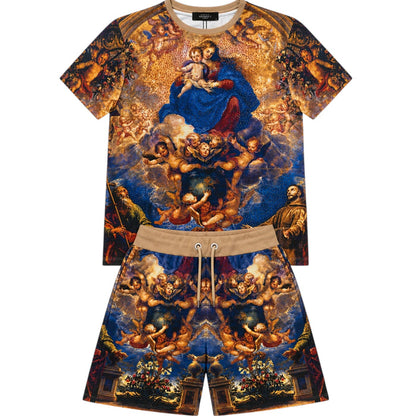 George V men's Joy To The World print tee with rhinestones, featuring festive holiday design on a casual all-over print t-shirt.