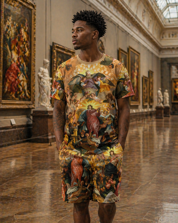 George V men's high praise all-over print tee with rhinestones, showcasing vibrant design and sparkling embellishments.