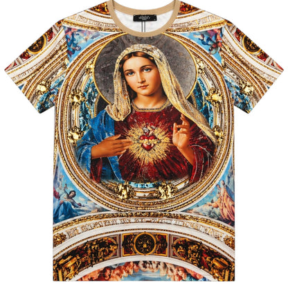 George V men's pure heart print tee with rhinestones, all-over design, casual fit, black fabric, stylish and eye-catching.