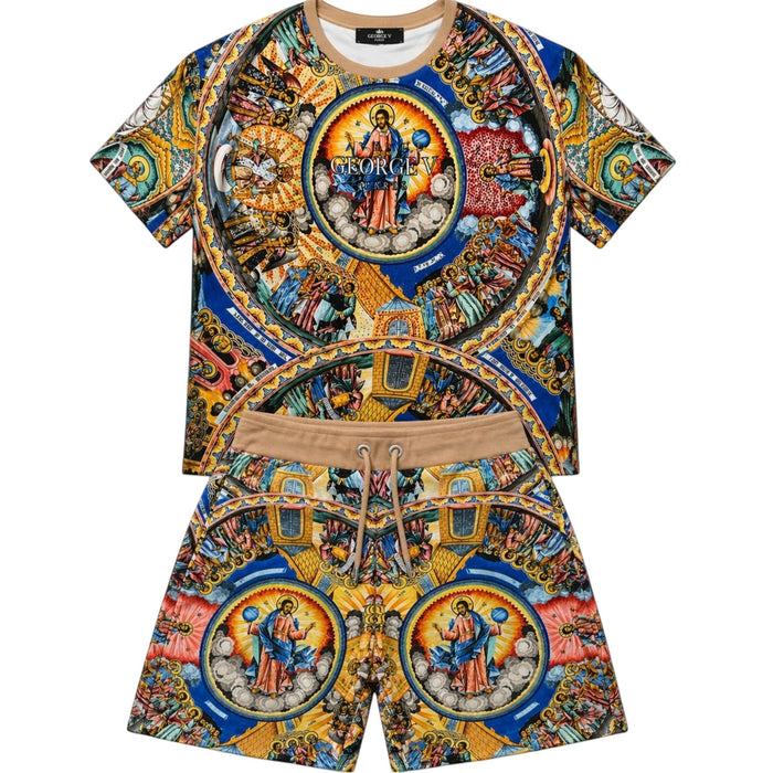 George V men's Renaissance print tee with multi-color rhinestones, all-over design, casual fit, and detailed artwork.