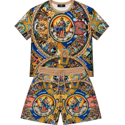 George V men's Renaissance print tee with multi-color rhinestones, all-over design, casual fit, and detailed artwork.