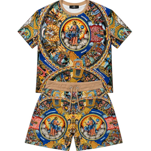 George V men's Renaissance print tee with multi-color rhinestones, all-over design, casual fit, and detailed artwork.