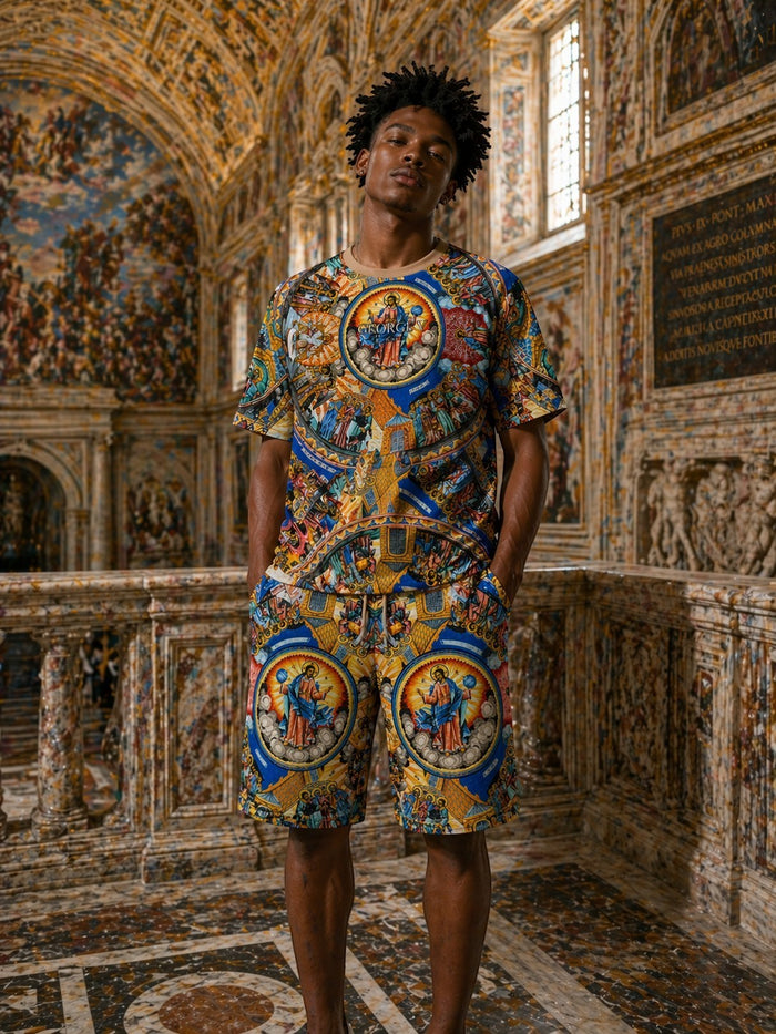 George V men's Renaissance print tee with all-over design and rhinestone accents, showcasing vibrant artwork on a stylish T-shirt.