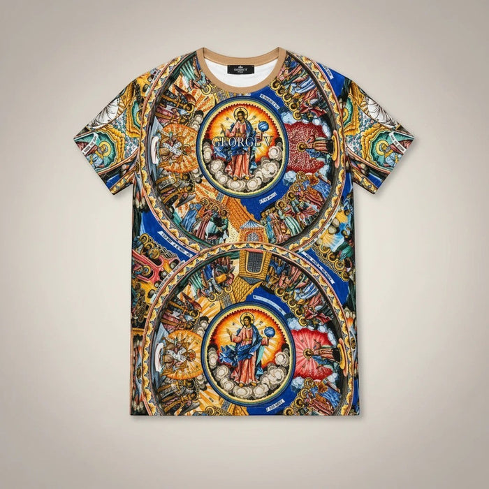 George V men's Renaissance print tee with rhinestones, all-over design, casual fit, featuring intricate artwork and sparkling embellishments.