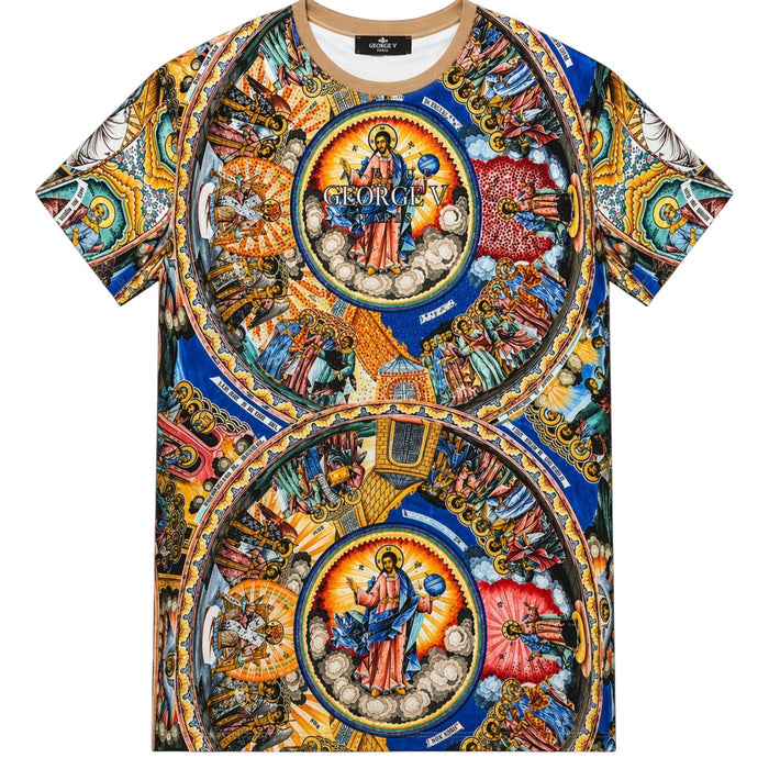 George V men's Renaissance print T-shirt with rhinestones, featuring intricate all-over design and fitted style.