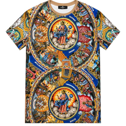 George V men's Renaissance print T-shirt with rhinestones, featuring intricate all-over design and fitted style.