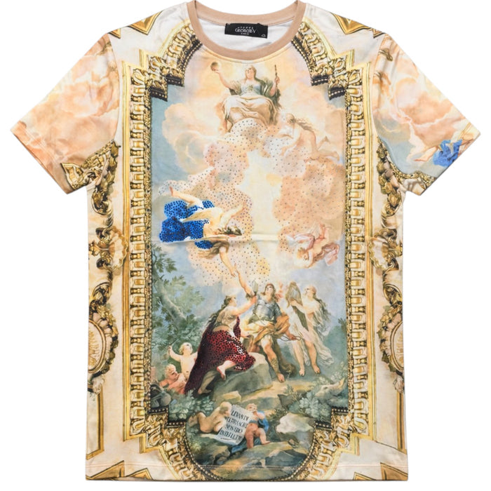 George V men's Rise Above premium all-over print T-shirt with multi-color rhinestones, featuring a stylish and vibrant design.