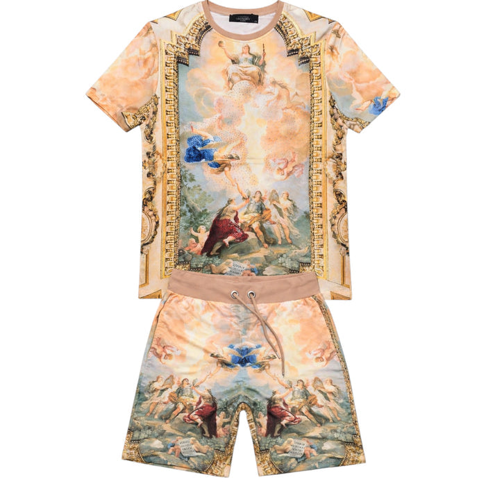 George V men's Rise Above premium all-over print tee with rhinestones in vibrant multi-color design, featuring bold graphic details.