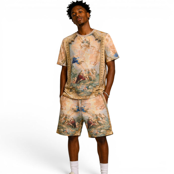 George V men's Rise Above premium all-over print tee with multicolor rhinestones, casual men's t-shirt featuring vibrant design.