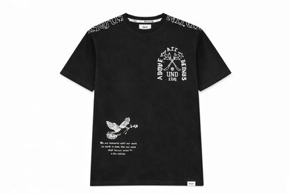 Black HIGHLY UNDRTD Above All T-Shirt with crew neck and minimalist design, displayed on a plain background.
