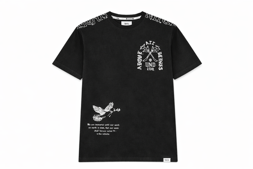 Black HIGHLY UNDRTD Above All T-Shirt with crew neck and minimalist design, displayed on a plain background.