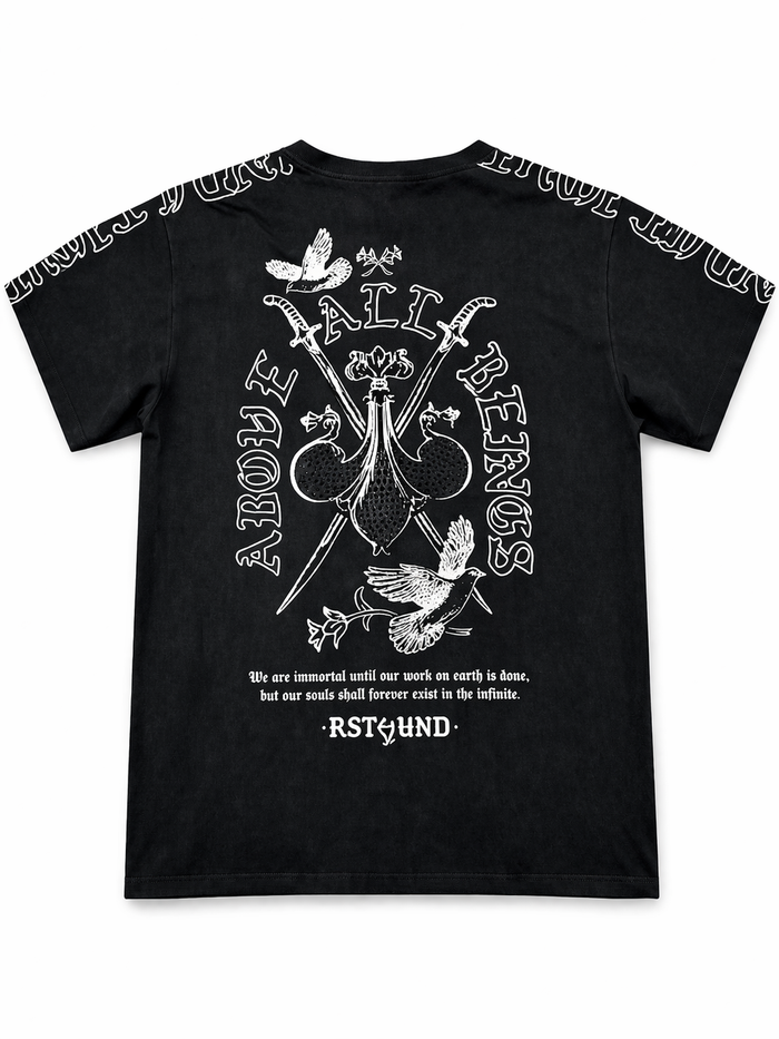 Black HIGHLY UNDRTD Above All T-Shirt with round neckline and short sleeves, displayed flat on a white background.