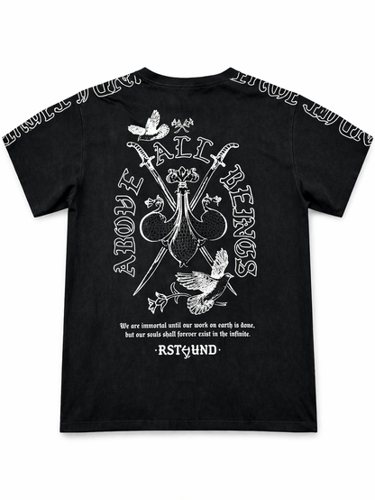 Black HIGHLY UNDRTD Above All T-Shirt with round neckline and short sleeves, displayed flat on a white background.
