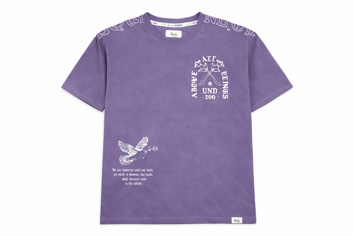 Purple HIGHLY UNDRTD Above All T-Shirt displayed flat, showcasing its front design and vibrant color.