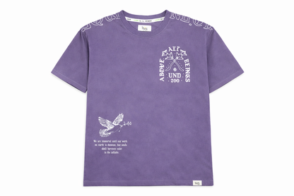 Purple HIGHLY UNDRTD Above All T-Shirt displayed flat, showcasing its front design and vibrant color.