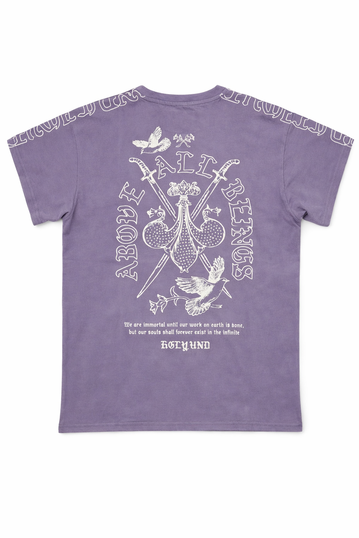 Purple HIGHLY UNDRTD Above All T-Shirt with crew neckline and short sleeves, displayed flat on a white background.
