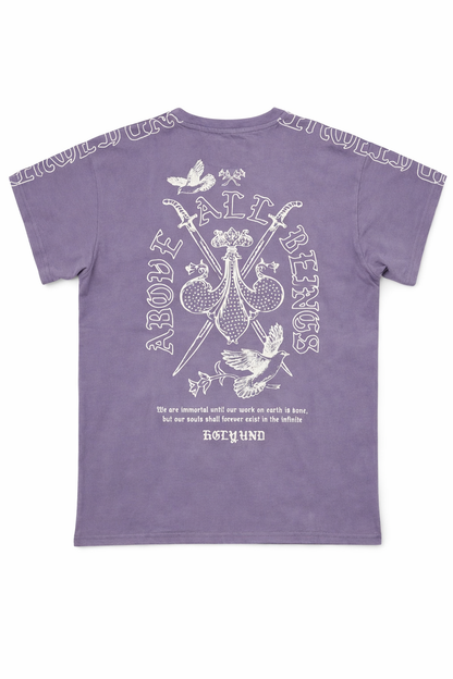 Purple HIGHLY UNDRTD Above All T-Shirt with crew neckline and short sleeves, displayed flat on a white background.