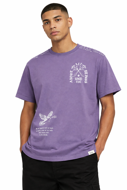 Purple HIGHLY UNDRTD Above All T-Shirt displayed flat, showcasing the front design and vibrant color.