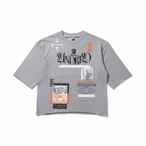 Highly Undrtd Almighty Clique legacy perm cropped T-shirt with 3/4 sleeves and rhinestone details in cloud color, front view.