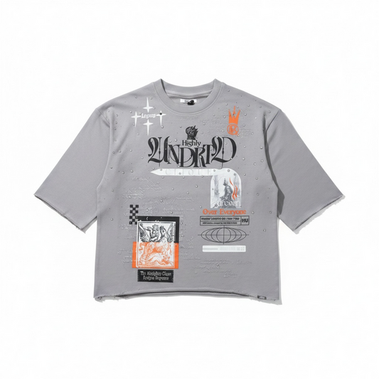 Highly Undrtd Almighty Clique legacy perm cropped T-shirt with 3/4 sleeves and rhinestone details in cloud color, front view.