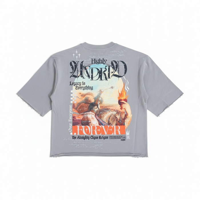 Highly Undrtd Almighty Clique legacy perm 3/4 sleeve rhinestone cropped T-shirt in cloud color, featuring bold graphic design.