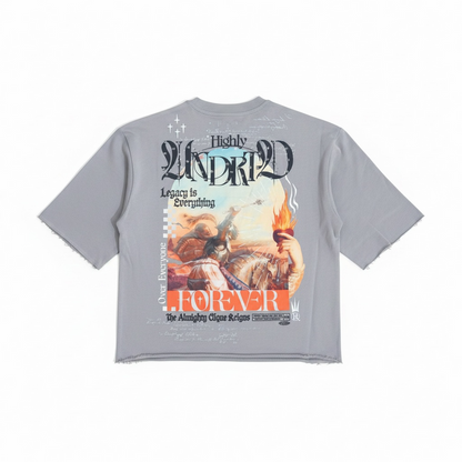 Highly Undrtd Almighty Clique legacy perm 3/4 sleeve rhinestone cropped T-shirt in cloud color, featuring bold graphic design.