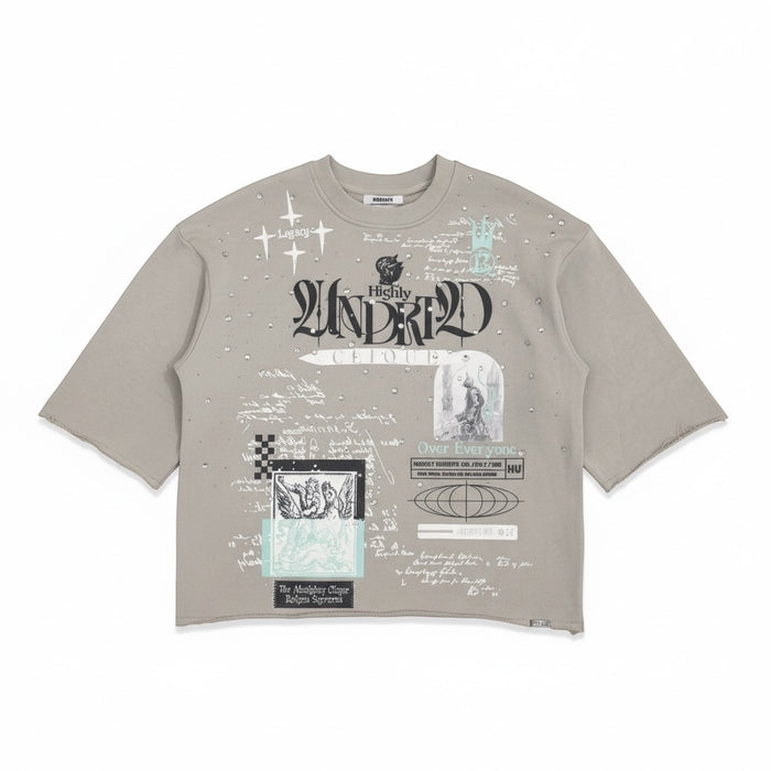 Highly Undrtd Almighty Clique Legacy Perm 3/4 sleeve rhinestone cropped T-shirt in sand color, showcasing stylish design and branding.