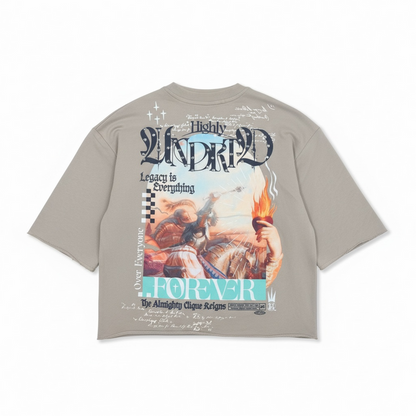 Highly Undrtd Almighty Clique legacy perm cropped T-shirt in sand with 3/4 sleeves and rhinestone details, front view.