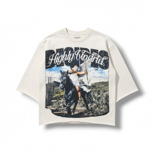 Highly Undrtd Desires Legacy Perm 3/4 sleeve rhinestone cropped T-shirt in sail color, featuring stylish design and textured fabric.