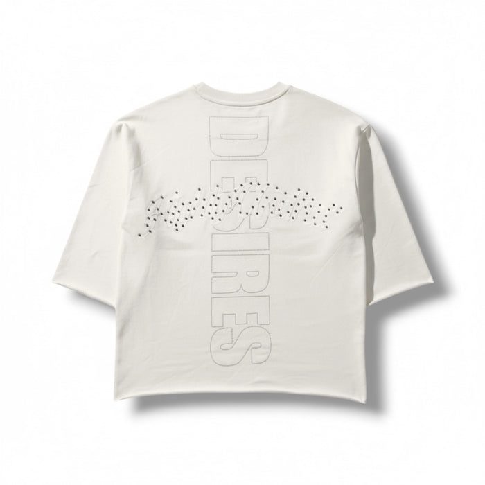 Highly Undrtd 'Desires' crop T-shirt with 3/4 sleeves, rhinestone accents, in sail color, from the Legacy Perm collection.
