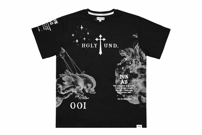 Black HIGHLY UNDRTD Divine Aura T-Shirt with graphic design, casual fit, and soft fabric, displayed on a plain background.