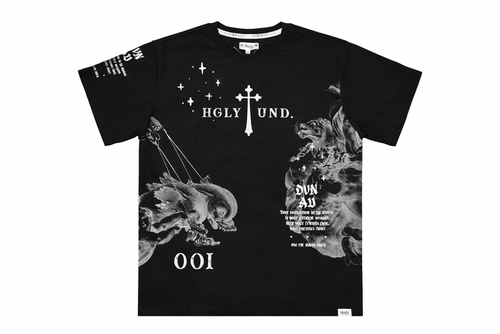 Black HIGHLY UNDRTD Divine Aura T-Shirt with graphic design, casual fit, and soft fabric, displayed on a plain background.