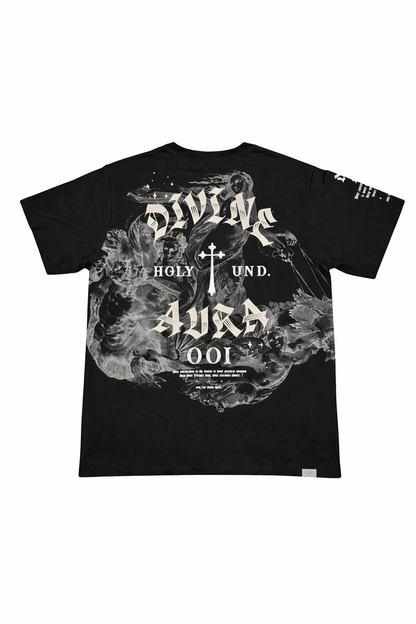 Black HIGHLY UNDRTD Divine Aura T-Shirt with logo graphic, casual fit, and soft fabric, displayed on a plain background.