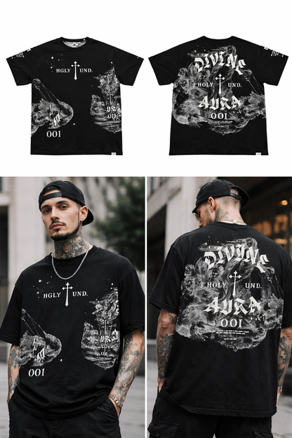 Black HIGHLY UNDRTD Divine Aura T-Shirt with logo print, shown laid flat on white background.