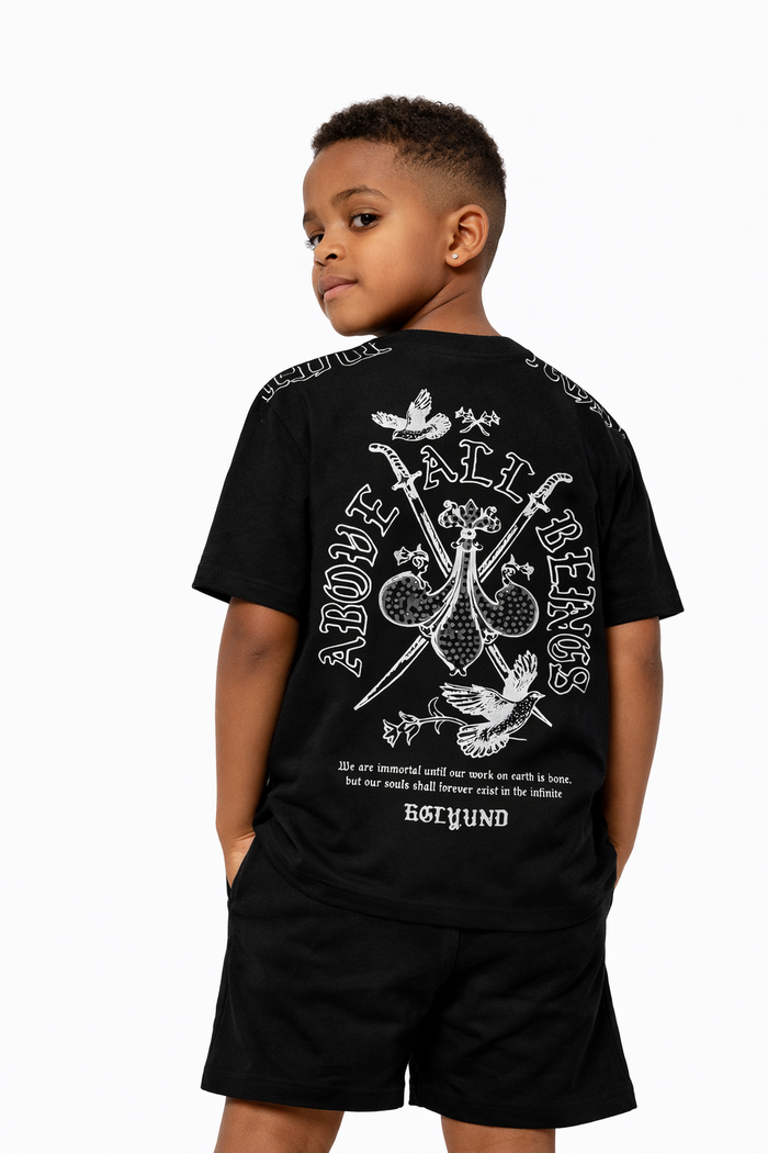 Black Highly Undrtd Kids Above All T-Shirt for kids, featuring a simple design and comfortable fit.