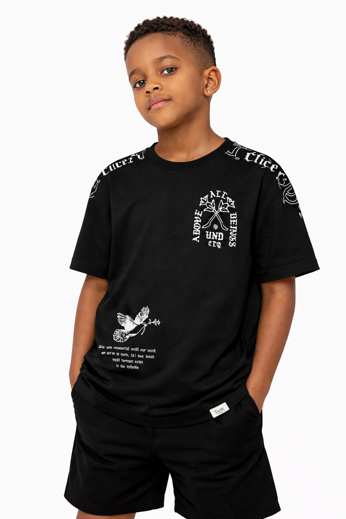 Black Highly Undrtd Kids Above All T-shirt for children, featuring a casual fit and the brand logo on the front.