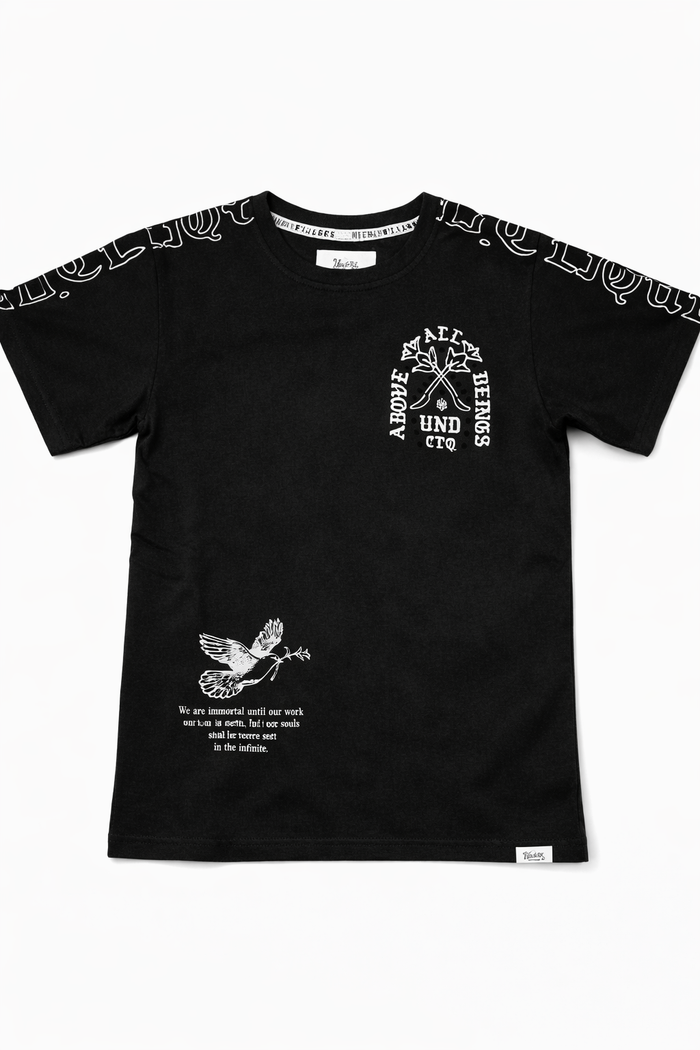 Black kids' T-shirt from Highly Undrtd Kids Above All collection, featuring a simple design, short sleeves, and a crew neckline.