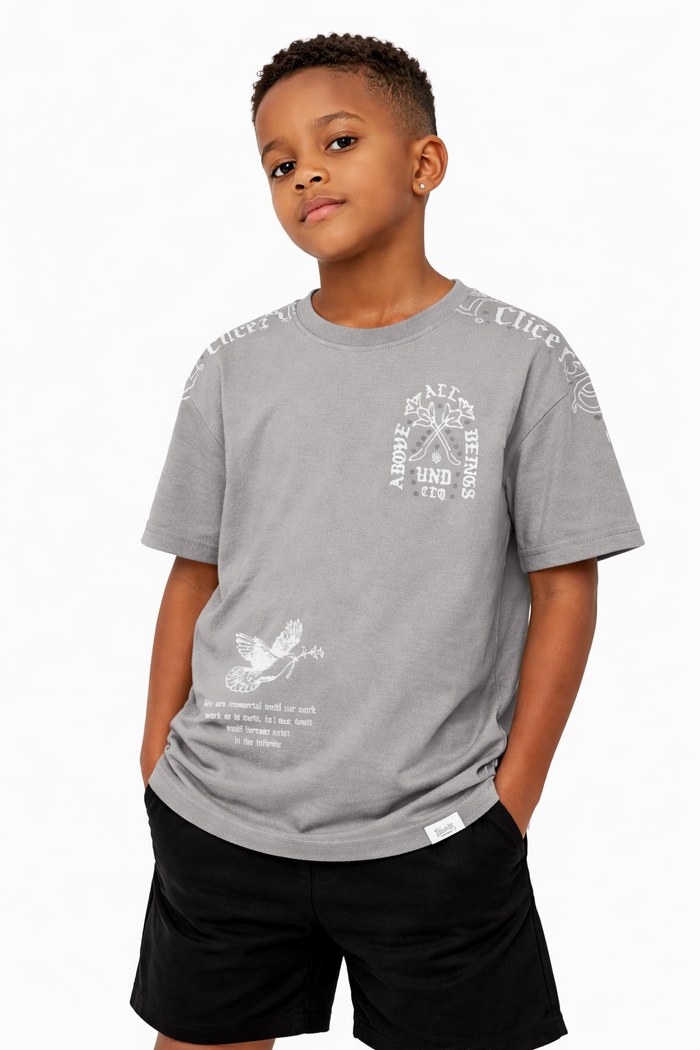 Highly Undrtd Kids Above All Pewter T-shirt for kids, featuring a comfortable fit and simple design, front view.