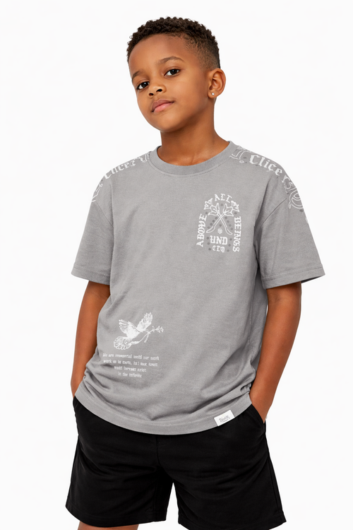 Highly Undrtd Kids Above All Pewter T-shirt for kids, featuring a comfortable fit and simple design, front view.
