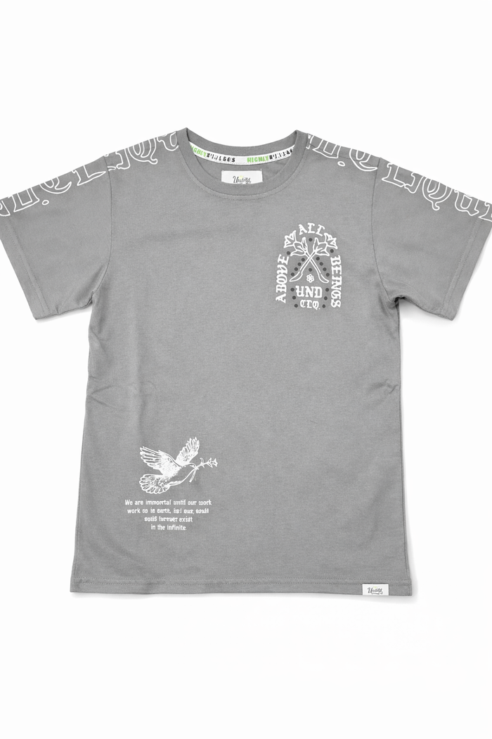 Kids' Pewter Above All T-Shirt by Highly Undrtd Kids, featuring a soft cotton fabric and classic crew neck design.