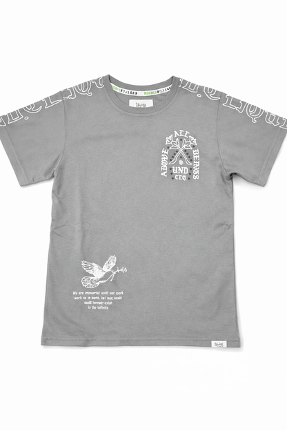 Kids' Pewter Above All T-Shirt by Highly Undrtd Kids, featuring a soft cotton fabric and classic crew neck design.