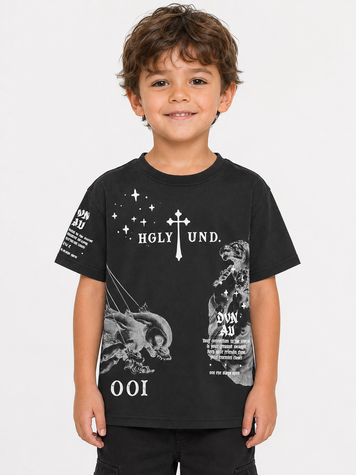Black Highly Undrtd Kids Divine Aura T-Shirt for kids, featuring a colorful aura graphic on the front.