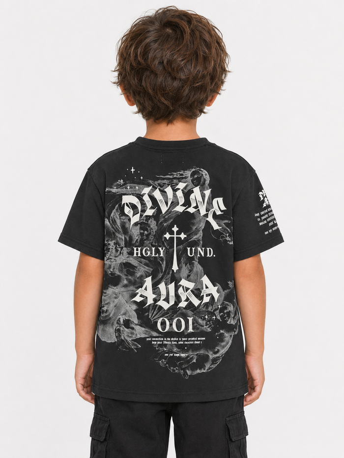 Black Highly Undrtd Kids Divine Aura T-Shirt for kids, featuring a vibrant aura graphic on the front.