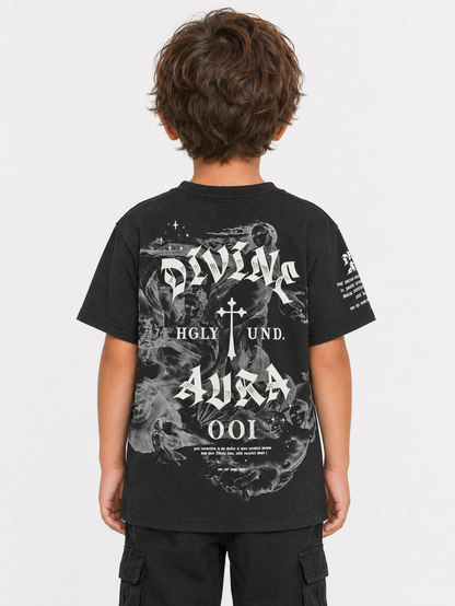 Black Highly Undrtd Kids Divine Aura T-Shirt for kids, featuring a vibrant aura graphic on the front.