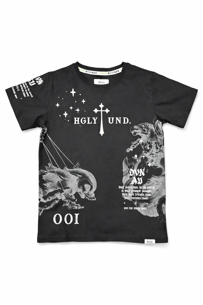 Black Kids Divine Aura T-shirt from Highly Undrtd Kids featuring a vibrant, artistic graphic on the front.