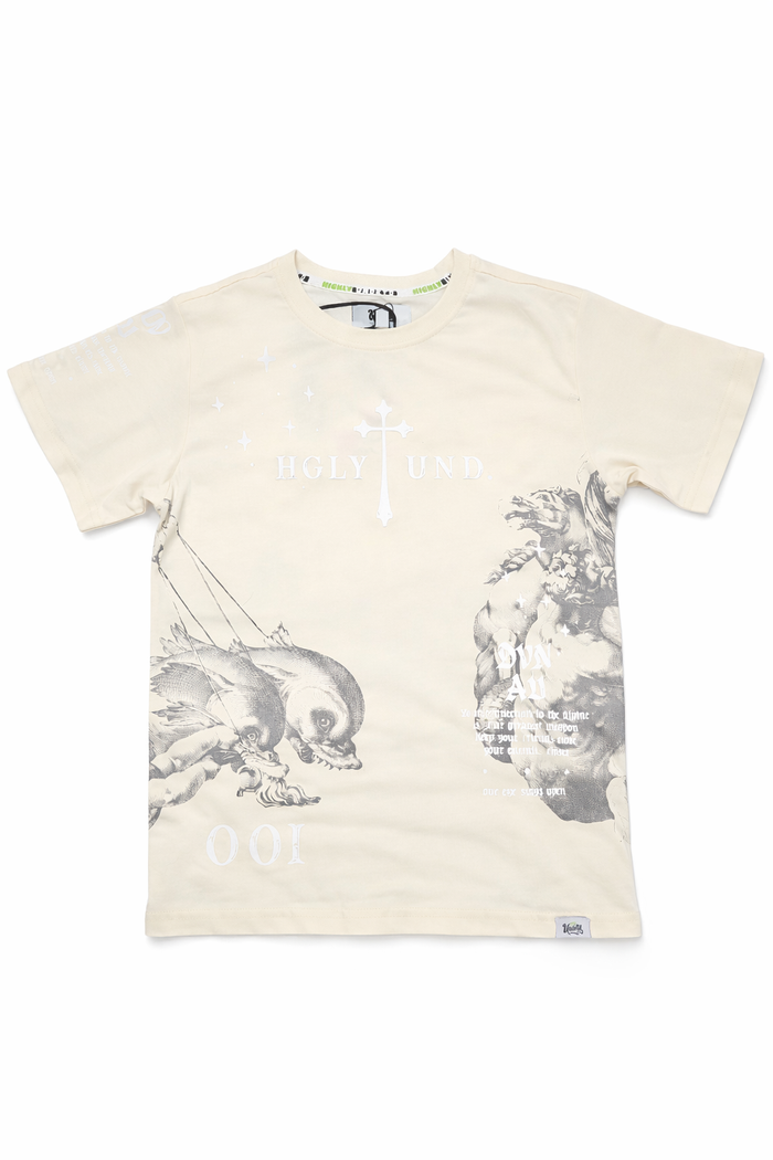 Bright chalk-colored kids' T-shirt from Highly Undrtd Kids with a divine aura graphic design on the front.
