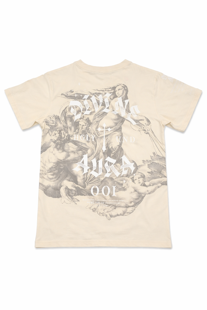 Kids' Divine Aura T-Shirt by Highly Undrtd Kids in chalk color, featuring a colorful, artistic design on the front.