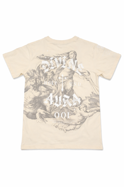 Kids' Divine Aura T-Shirt by Highly Undrtd Kids in chalk color, featuring a colorful, artistic design on the front.